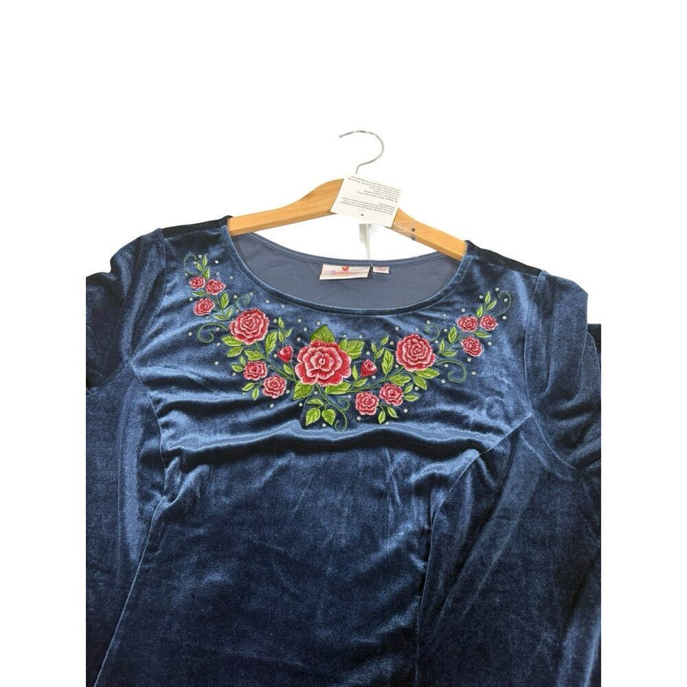 Quaker Factory Teal Blue Green Long Sleeve Velvet Embroidered Bling Dress 1XL - Picture 5 of 8
